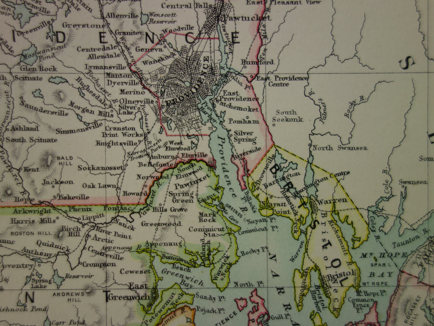 Originele oude kaart van Rhode Island uit 1886 antieke Engelse landkaart RI Staat USA VS