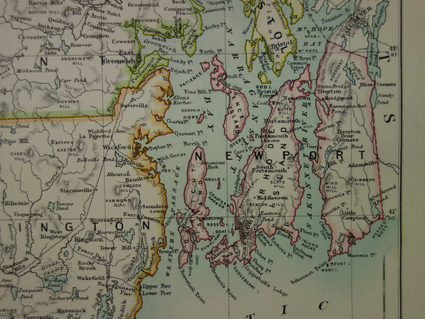 Originele oude kaart van Rhode Island uit 1886 antieke Engelse landkaart RI Staat USA VS