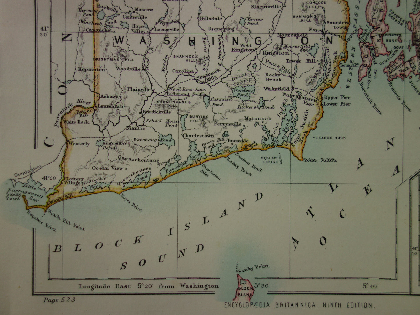 Originele oude kaart van Rhode Island uit 1886 antieke Engelse landkaart RI Staat USA VS