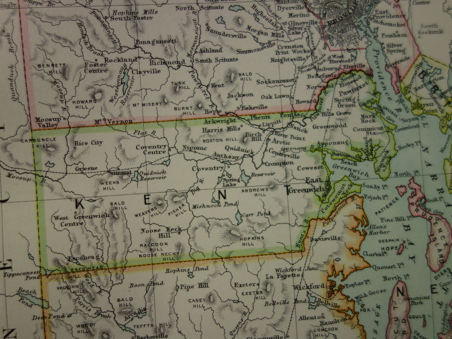 Originele oude kaart van Rhode Island uit 1886 antieke Engelse landkaart RI Staat USA VS