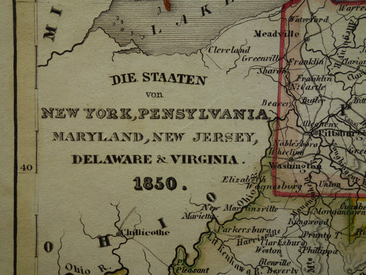 Oude kaart van de noordoostkust van de VS uit 1850 met de staten New York New Jersey Pennsylvania - antieke landkaart met jaartal