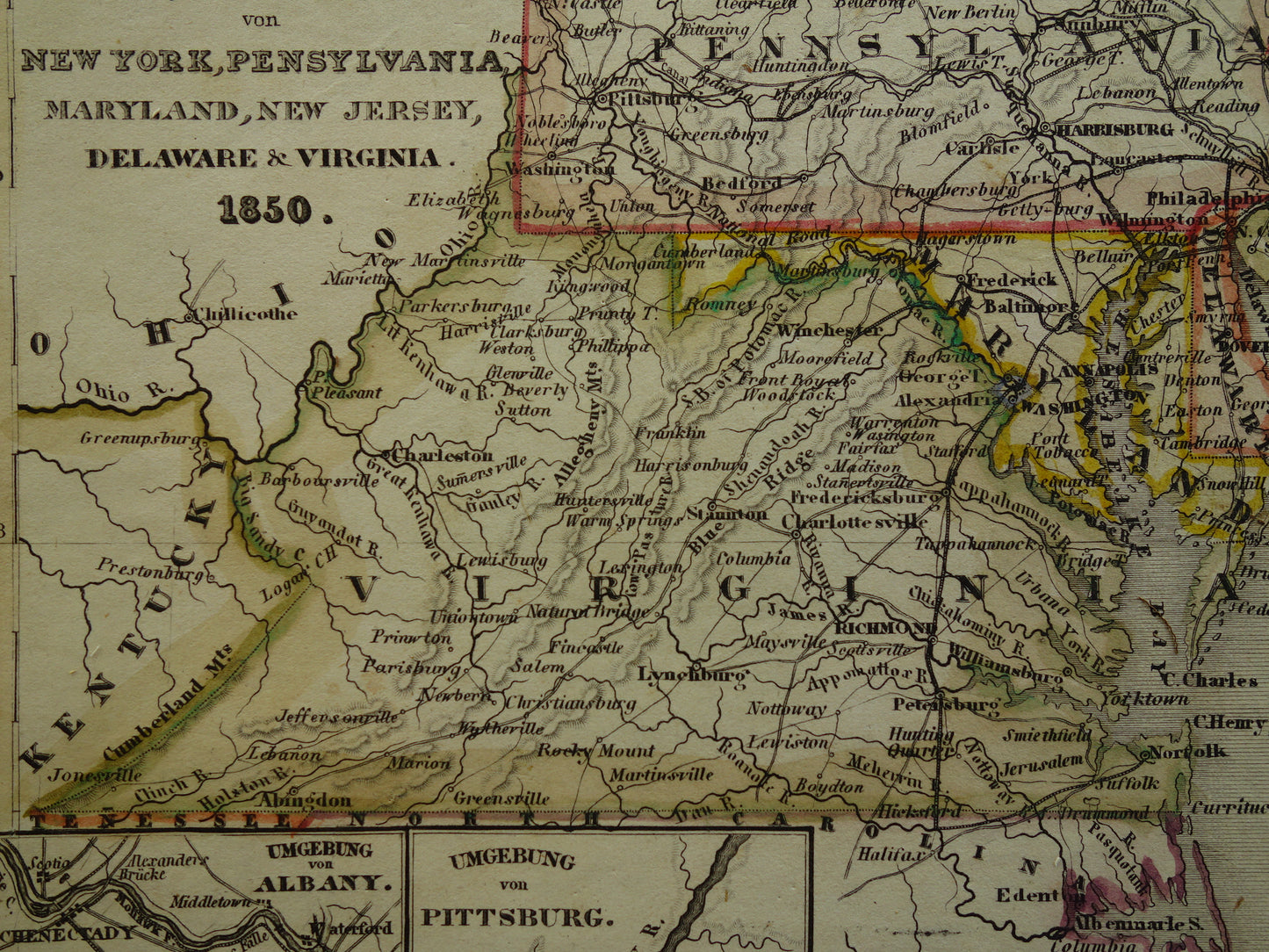 Oude kaart van de noordoostkust van de VS uit 1850 met de staten New York New Jersey Pennsylvania - antieke landkaart met jaartal