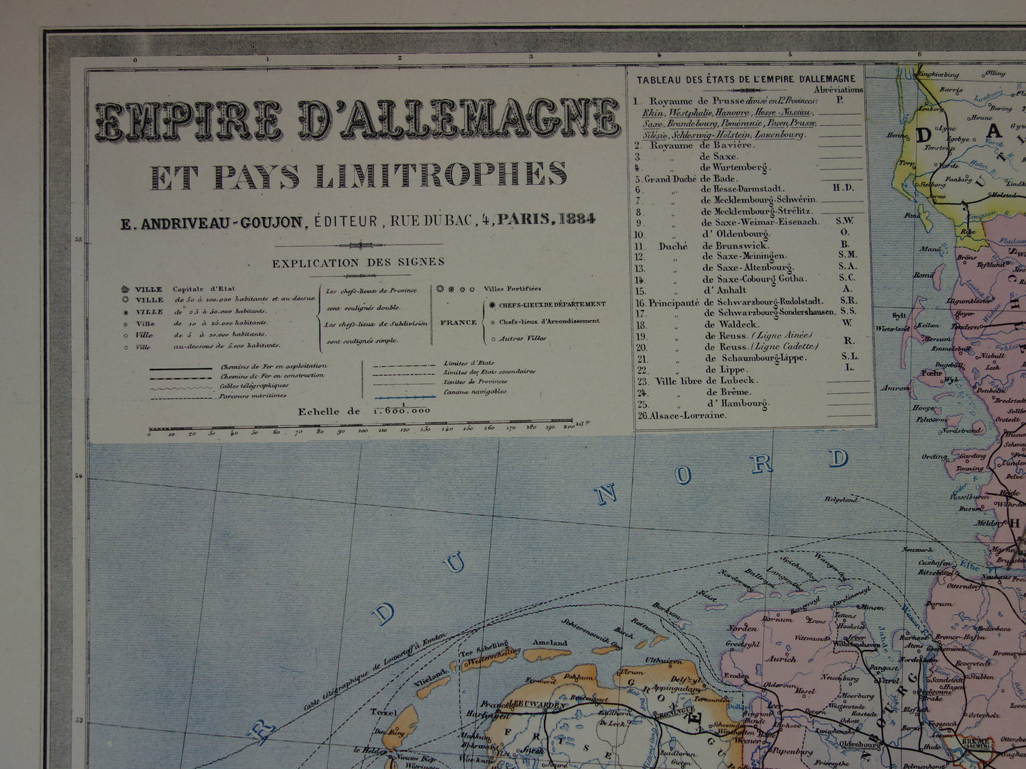 Grote oude landkaart van Duitsland uit 1884 Antieke kaart Duitse Rijk Polen Nederland met jaartal