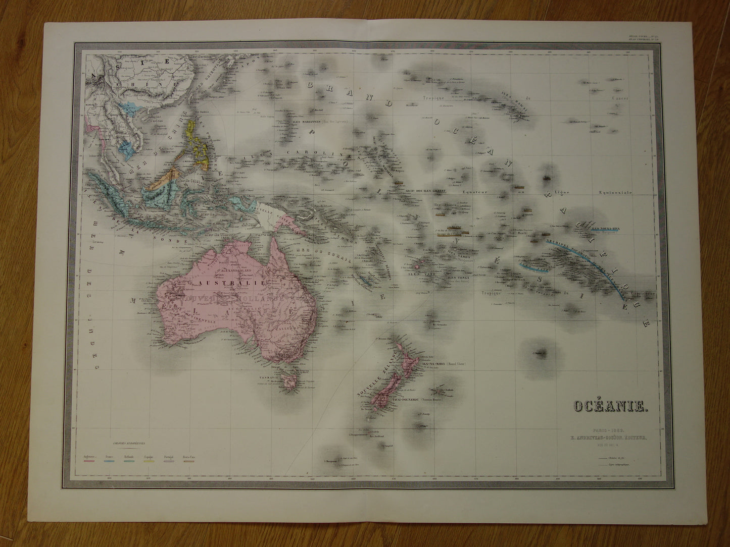 OCEANIË Grote oude landkaart uit 1883 originele antieke Franse kaart Indonesië Australië