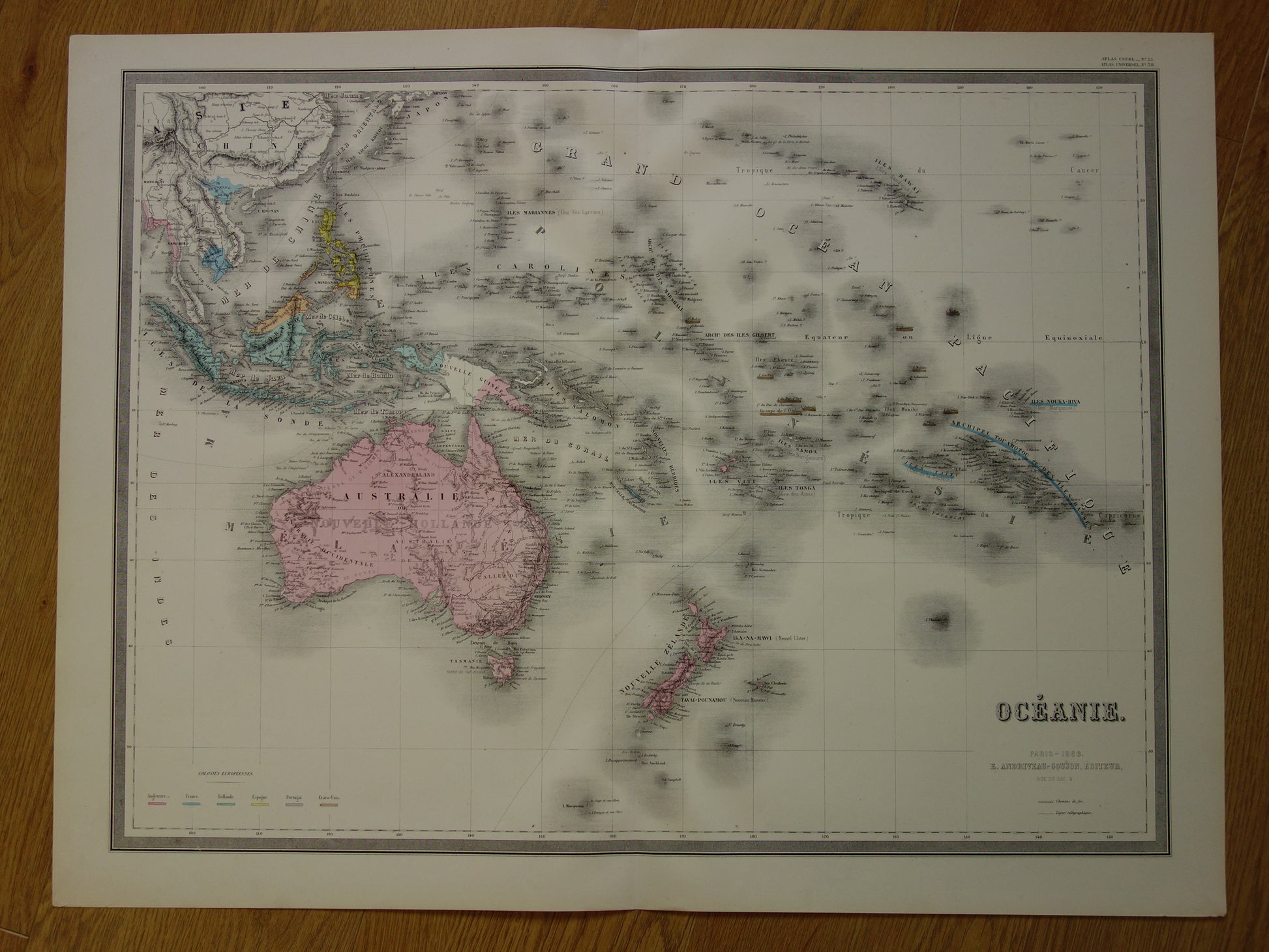 OCEANIË Grote oude landkaart uit 1883 originele antieke Franse Indonesië Australië