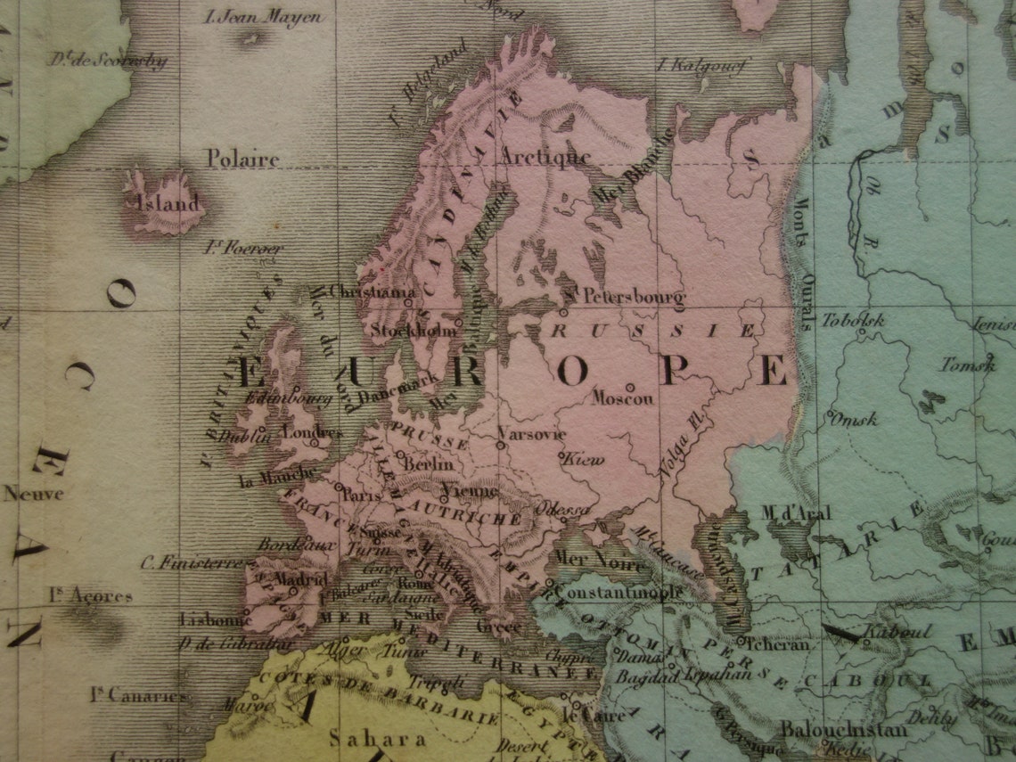 Vintage Wereldkaart uit 1838 originele antieke Franse kaart van de wereld - oude landkaarten