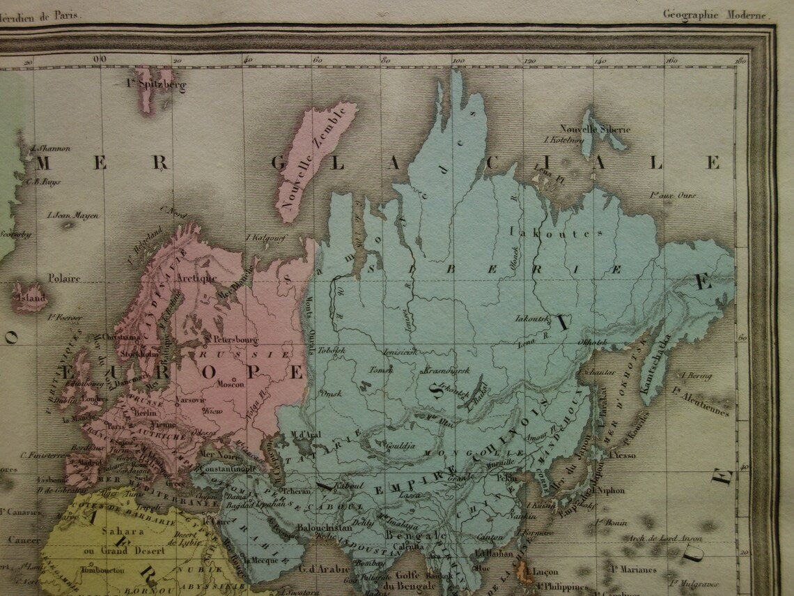 Vintage Wereldkaart uit 1838 originele antieke Franse kaart van de wereld - oude landkaarten