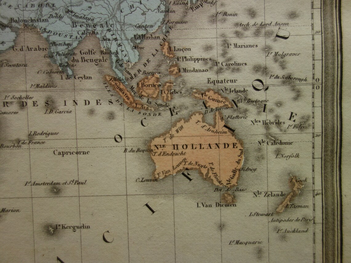 Vintage Wereldkaart uit 1838 originele antieke Franse kaart van de wereld - oude landkaarten