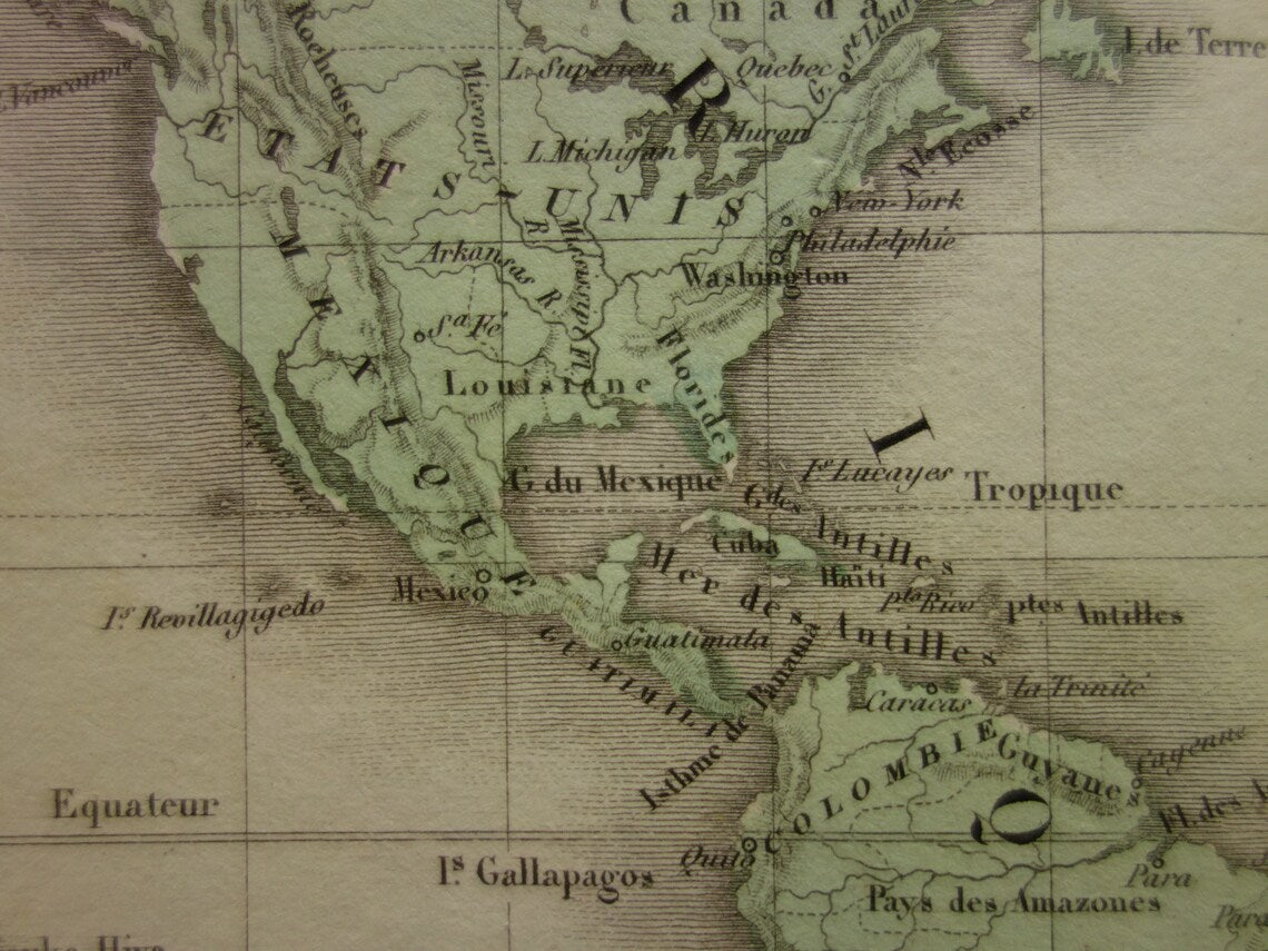 Vintage Wereldkaart uit 1838 originele antieke Franse kaart van de wereld - oude landkaarten