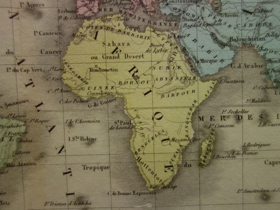 Vintage Wereldkaart uit 1838 originele antieke Franse kaart van de wereld - oude landkaarten