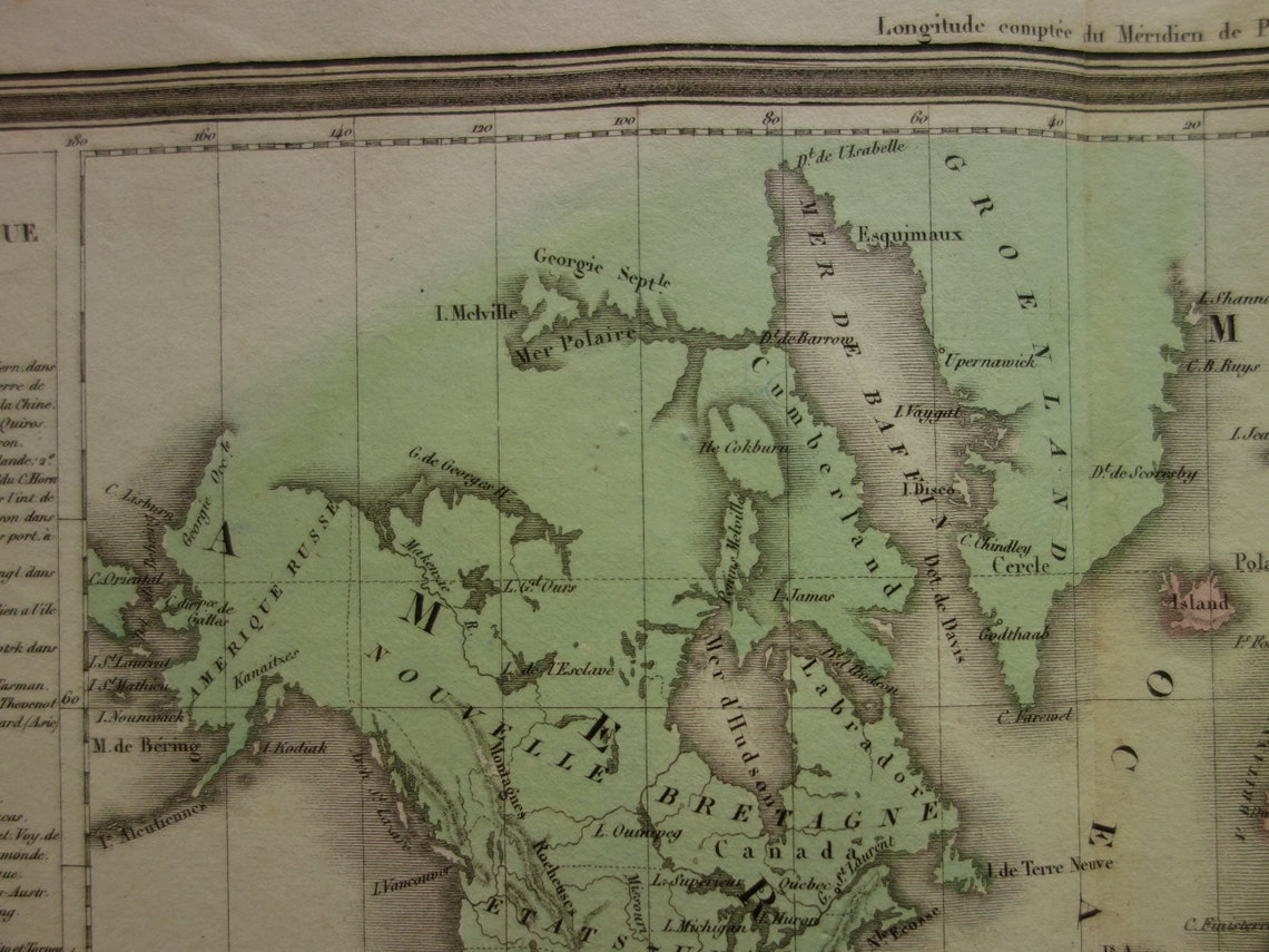 Vintage Wereldkaart uit 1838 originele antieke Franse kaart van de wereld - oude landkaarten