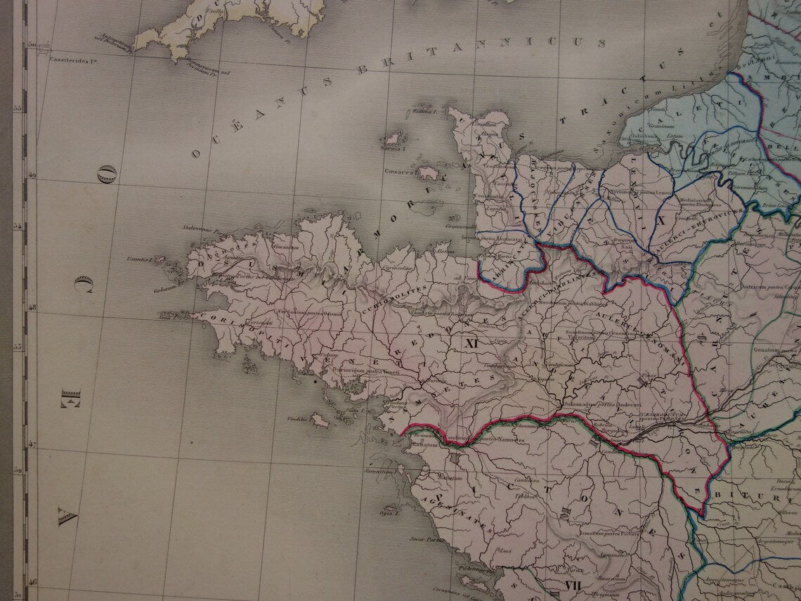 Limes oude historische landkaart van Romeinse Rijk in Nederland België en Frankrijk 1863 originele antieke kaart Gallië grens Rijn