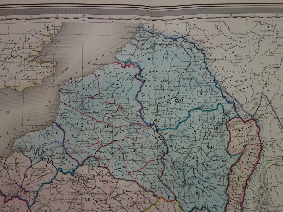 Limes oude historische landkaart van Romeinse Rijk in Nederland België en Frankrijk 1863 originele antieke kaart Gallië grens Rijn