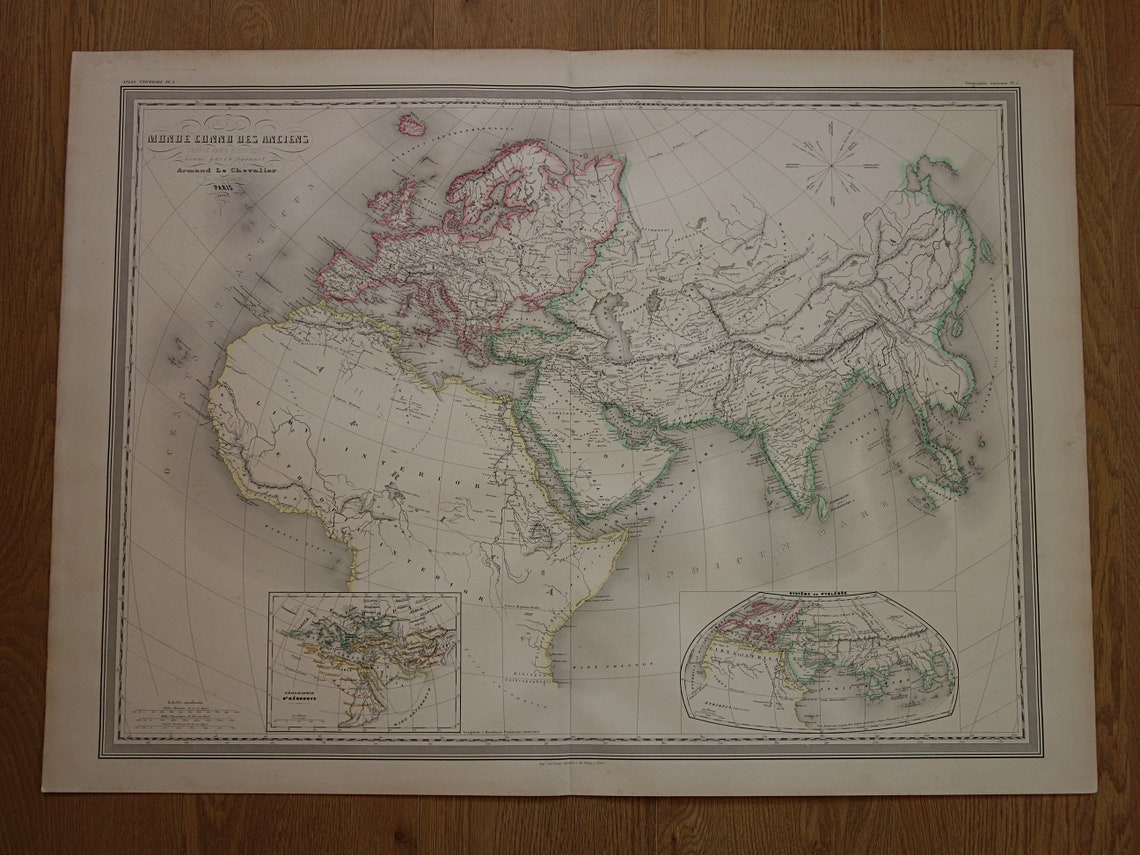 Oude Wereldkaart van Klassieke Oudheid 1863 zeer grote kaart van de wereld Ptolemaeus Herodotus