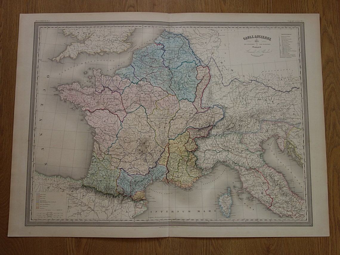 Limes oude historische landkaart van Romeinse Rijk in Nederland België en Frankrijk 1863 originele antieke kaart Gallië grens Rijn