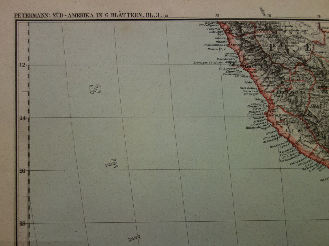 Oude landkaart Peru Chili Bolivia antieke kaart - kaarten met jaartal