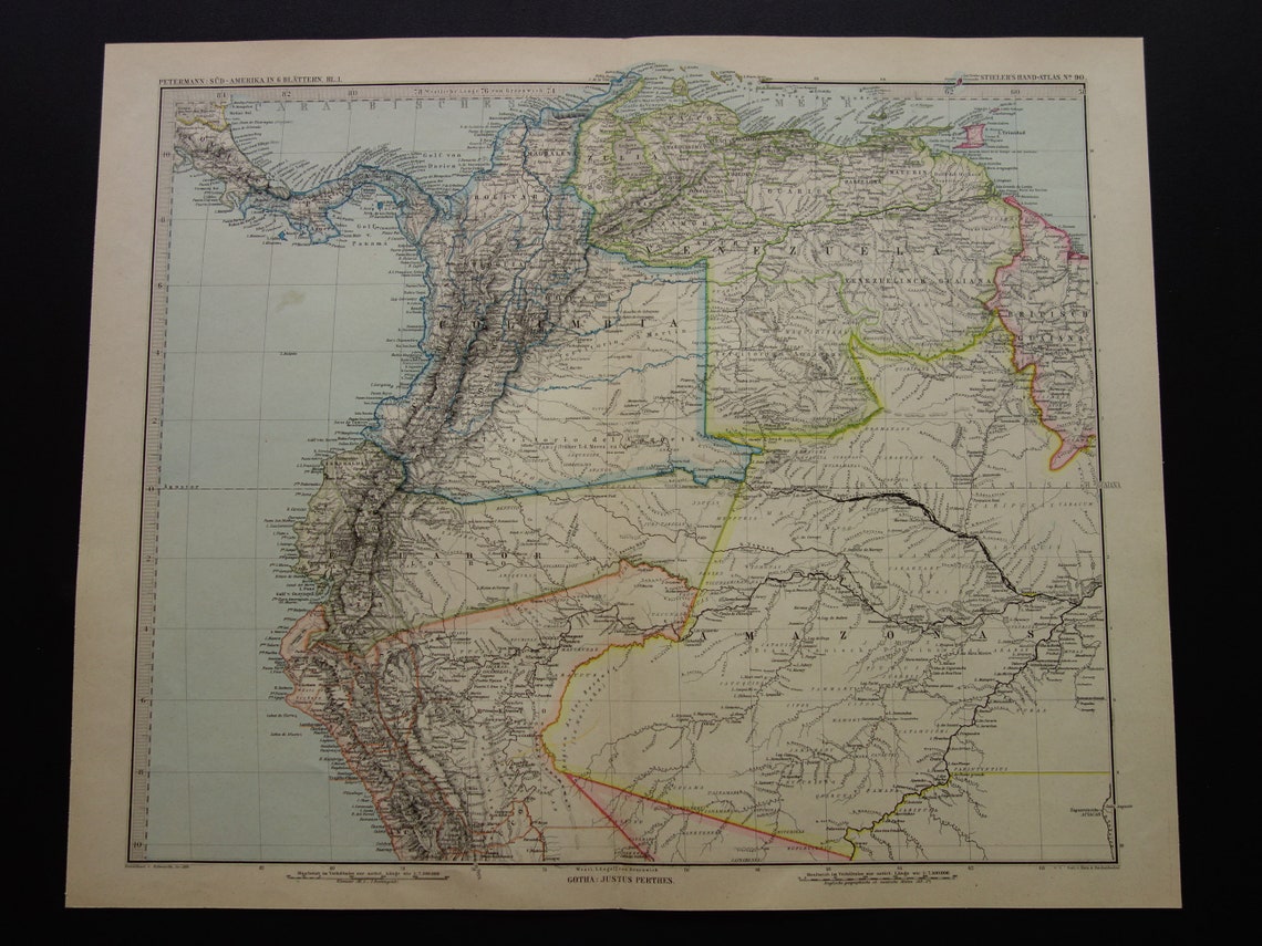 Alte Karte von Venezuela, Kolumbien, Ecuador und Peru – antike Karte – Karten mit Datum