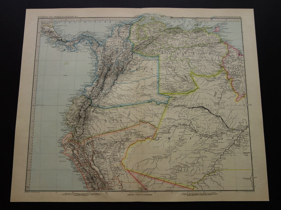 Alte Karte von Venezuela, Kolumbien, Ecuador und Peru – antike Karte – Karten mit Datum