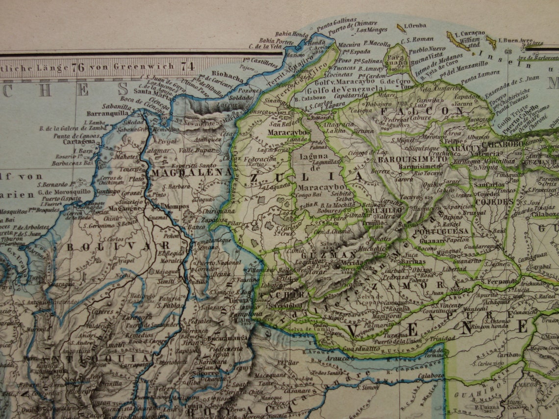 Alte Karte von Venezuela, Kolumbien, Ecuador und Peru – antike Karte – Karten mit Datum