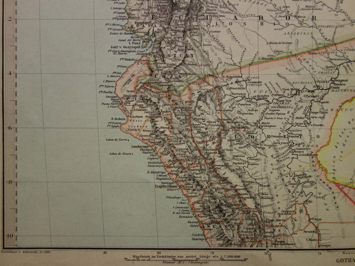 Alte Karte von Venezuela, Kolumbien, Ecuador und Peru – antike Karte – Karten mit Datum