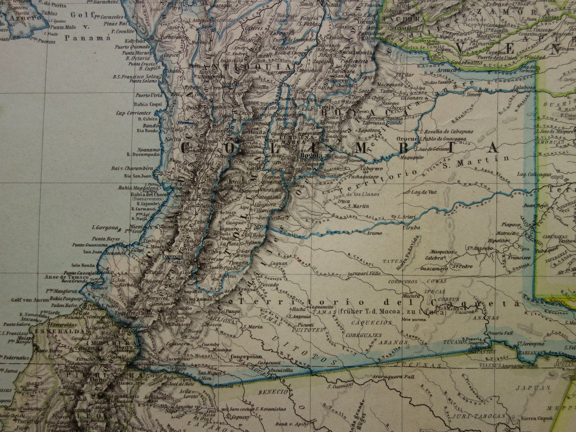 Alte Karte von Venezuela, Kolumbien, Ecuador und Peru – antike Karte – Karten mit Datum
