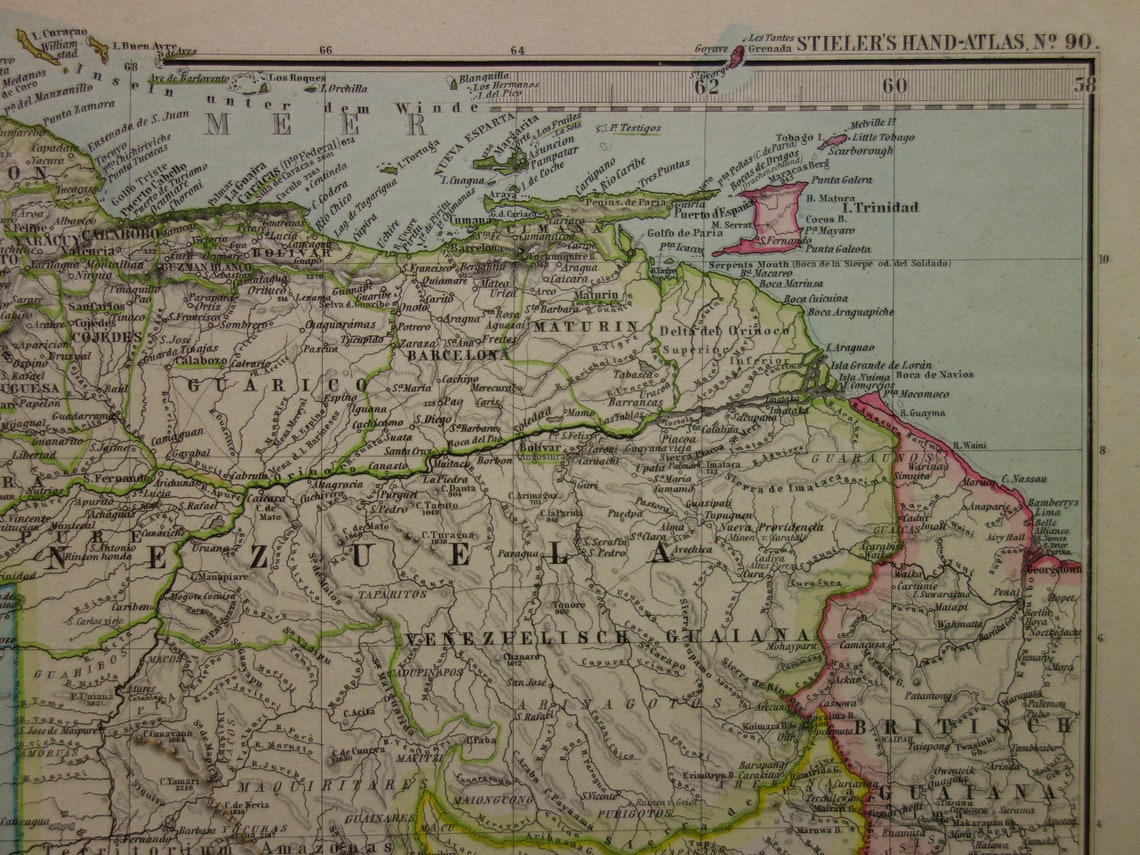 Alte Karte von Venezuela, Kolumbien, Ecuador und Peru – antike Karte – Karten mit Datum