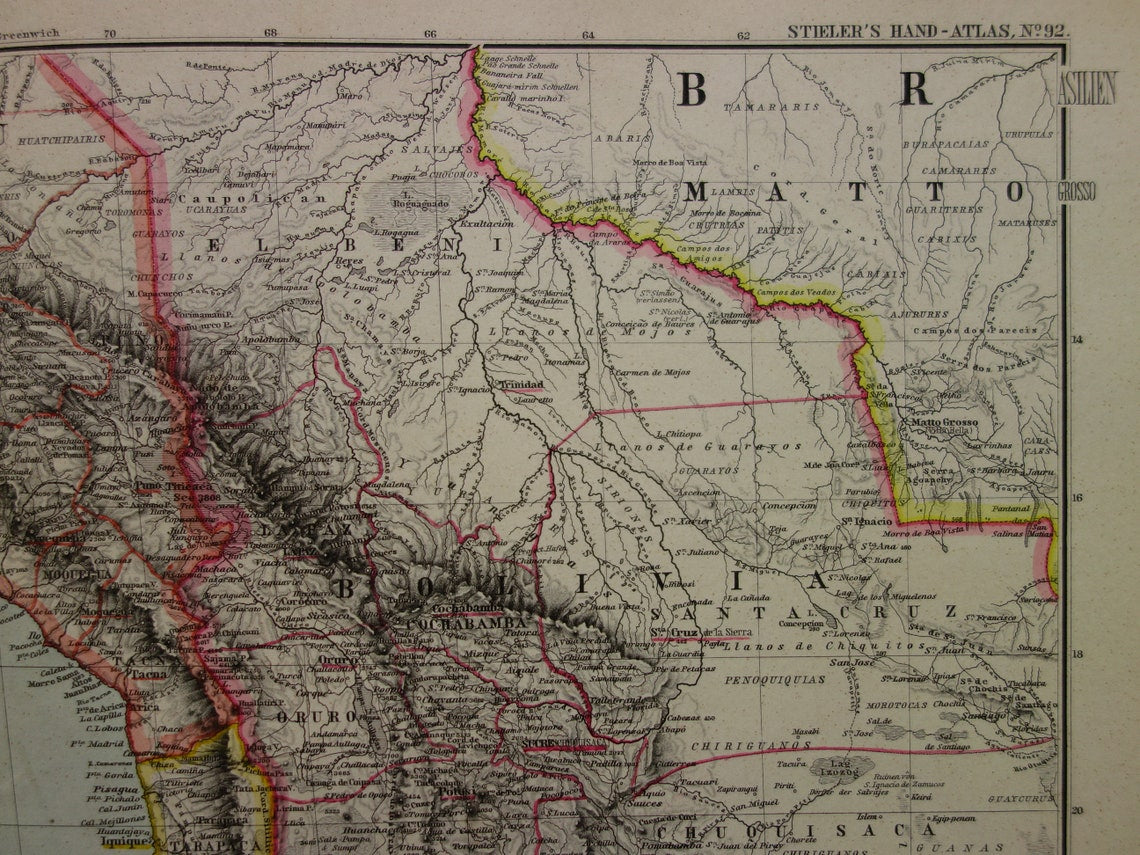 Oude landkaart Peru Chili Bolivia antieke kaart - kaarten met jaartal