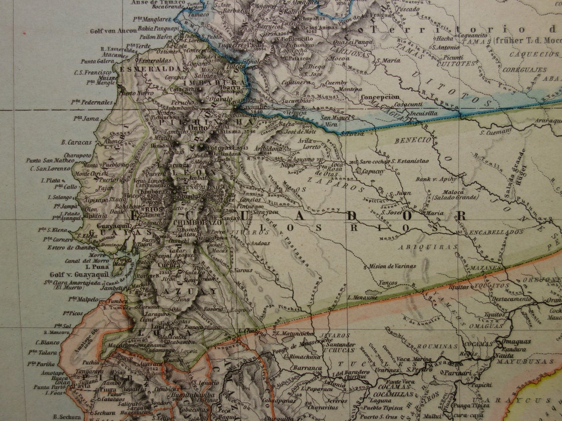 Alte Karte von Venezuela, Kolumbien, Ecuador und Peru – antike Karte – Karten mit Datum