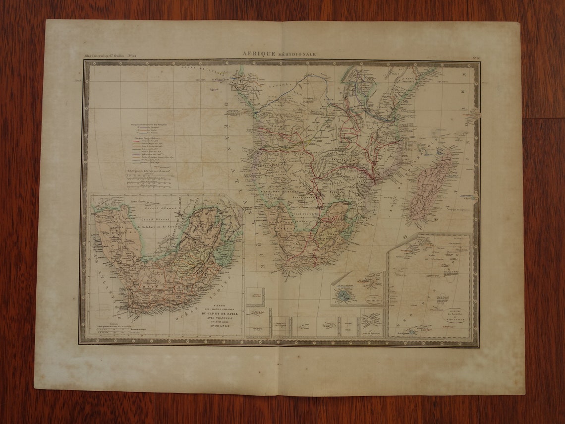 AFRICA Large old map of Southern Africa 1875 original antique map showing routes of explorers Livingstone