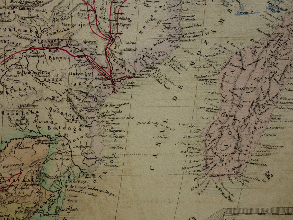 AFRICA Large old map of Southern Africa 1875 original antique map showing routes of explorers Livingstone