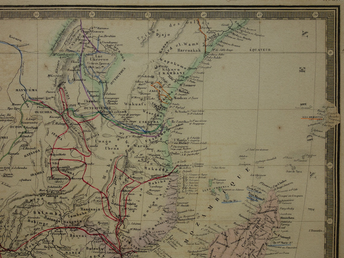 AFRICA Large old map of Southern Africa 1875 original antique map showing routes of explorers Livingstone