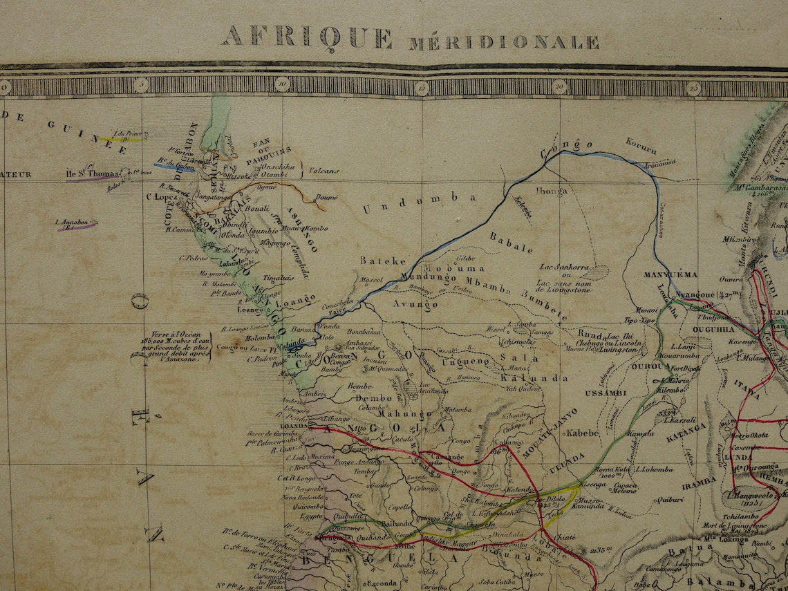 AFRICA Large old map of Southern Africa 1875 original antique map showing routes of explorers Livingstone