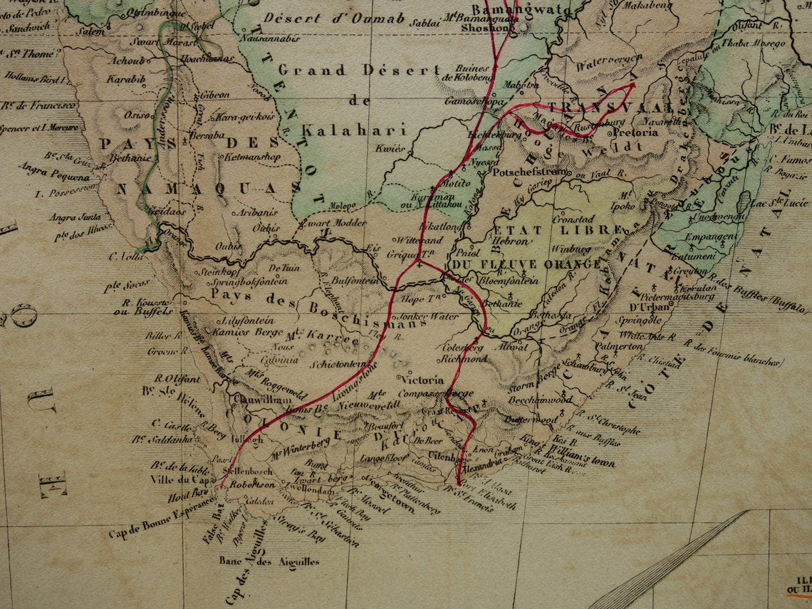 AFRICA Large old map of Southern Africa 1875 original antique map showing routes of explorers Livingstone