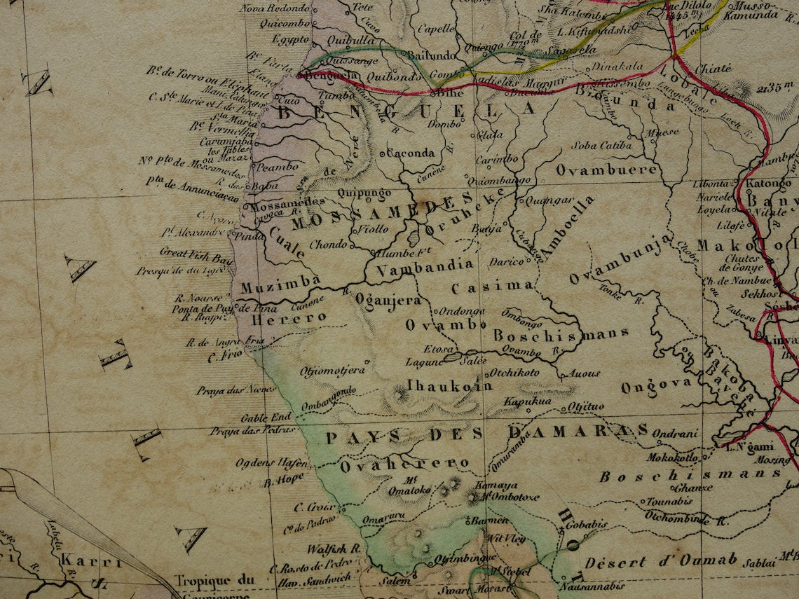 AFRICA Large old map of Southern Africa 1875 original antique map showing routes of explorers Livingstone