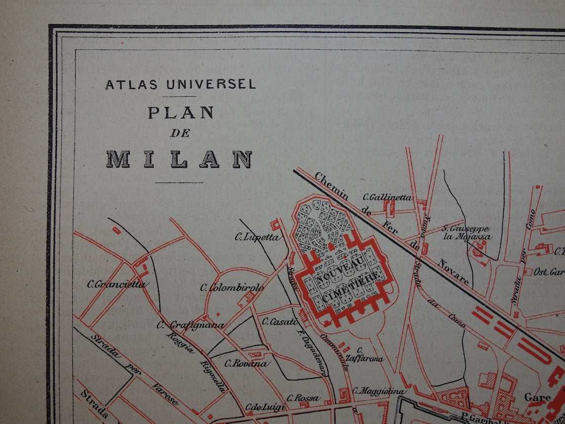 MILAAN Oude kaart van Milaan uit 1877 originele antieke Franse plattegrond historische kaarten