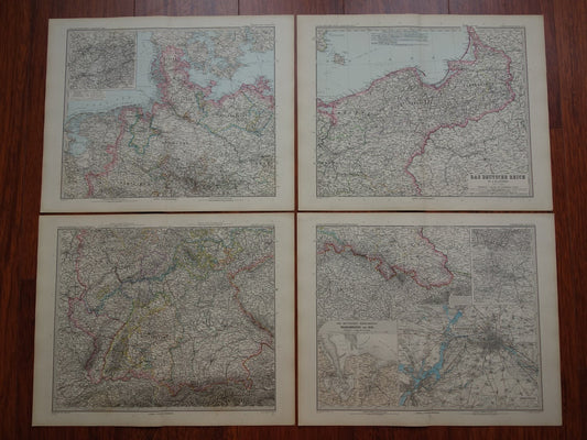 Grote antieke kaart van DUITSLAND landkaart van het Duitse Rijk in 1892 originele 130+ jaar oude kaarten Berlijn Pruissen Polen XXL Zeer Groot