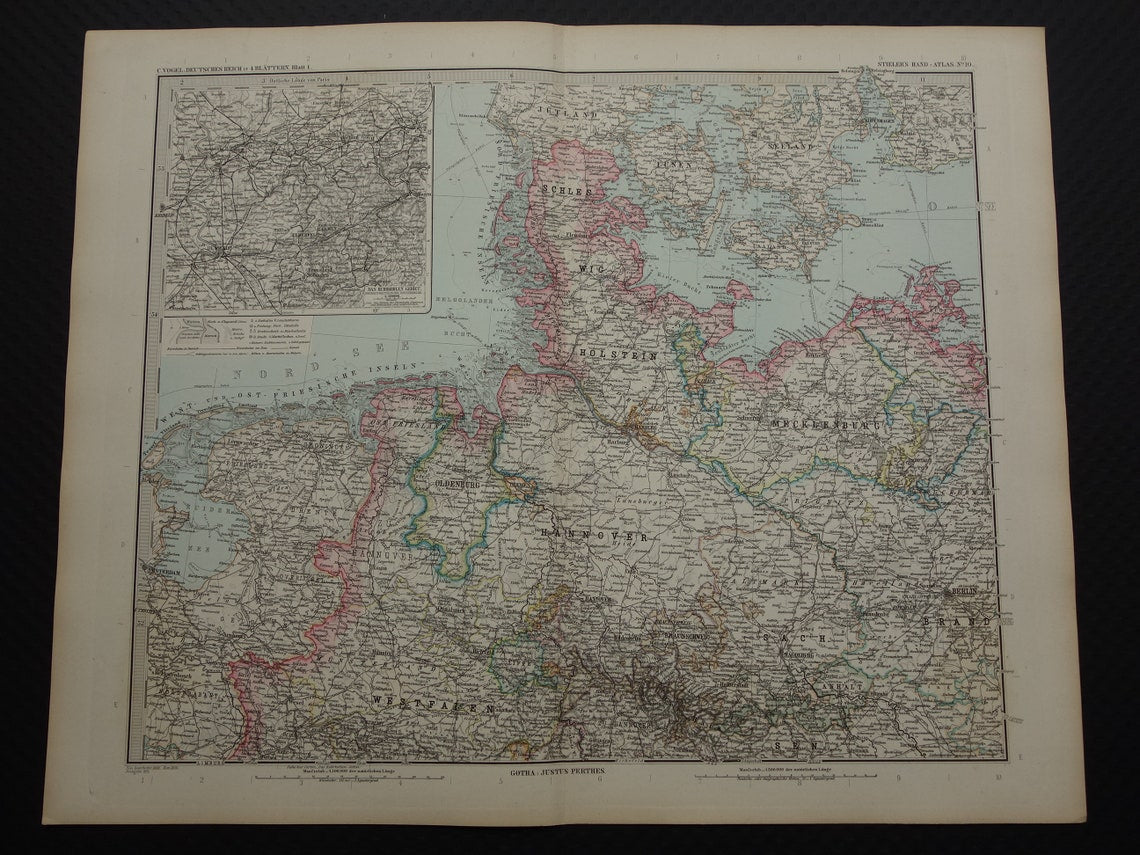 Grote antieke kaart van DUITSLAND landkaart van het Duitse Rijk in 1892 originele 130+ jaar oude kaarten Berlijn Pruissen Polen XXL Zeer Groot