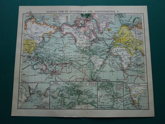 WERELDKAART oude kaart van de wereld met routes ontdekkingsreizigers 1914 originele antieke Nederlandse kaart over ontdekkingsreizen