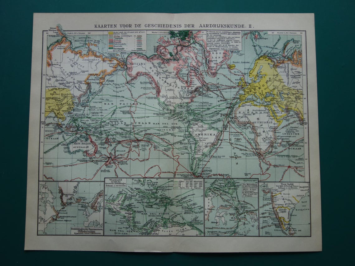 WORLD MAP old map of the world with routes of explorers 1914 original antique Dutch map about voyages of discovery