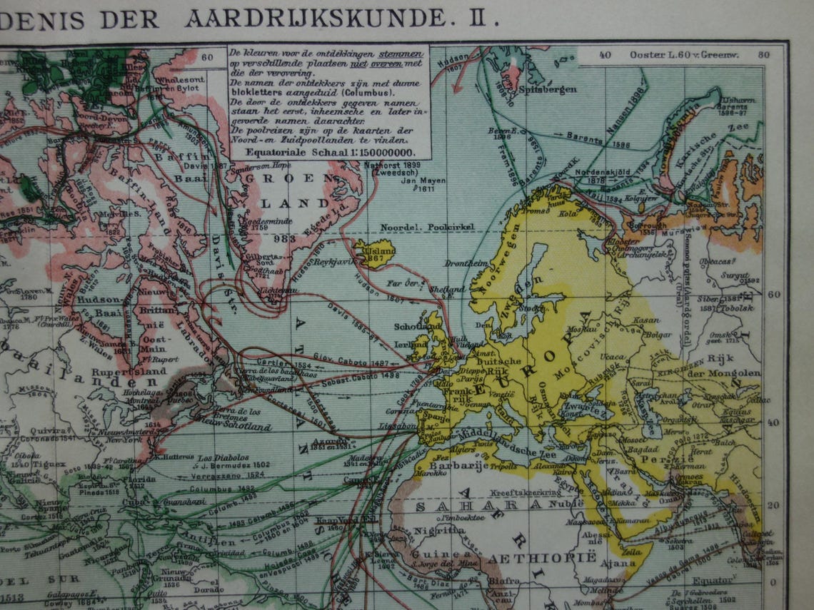WORLD MAP old map of the world with routes of explorers 1914 original antique Dutch map about voyages of discovery