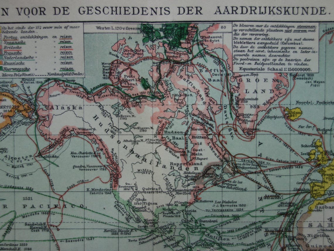 WORLD MAP old map of the world with routes of explorers 1914 original antique Dutch map about voyages of discovery
