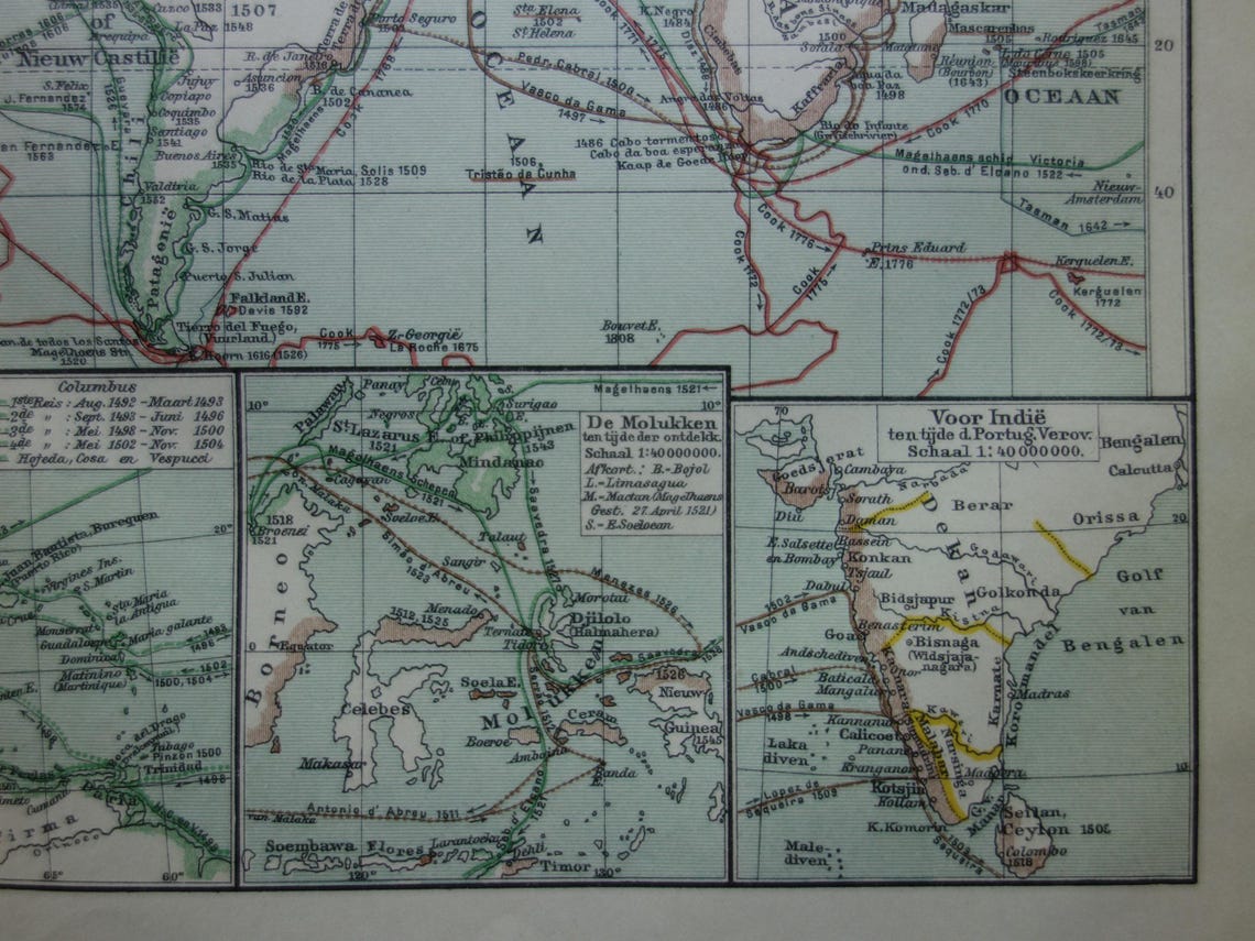 WORLD MAP old map of the world with routes of explorers 1914 original antique Dutch map about voyages of discovery
