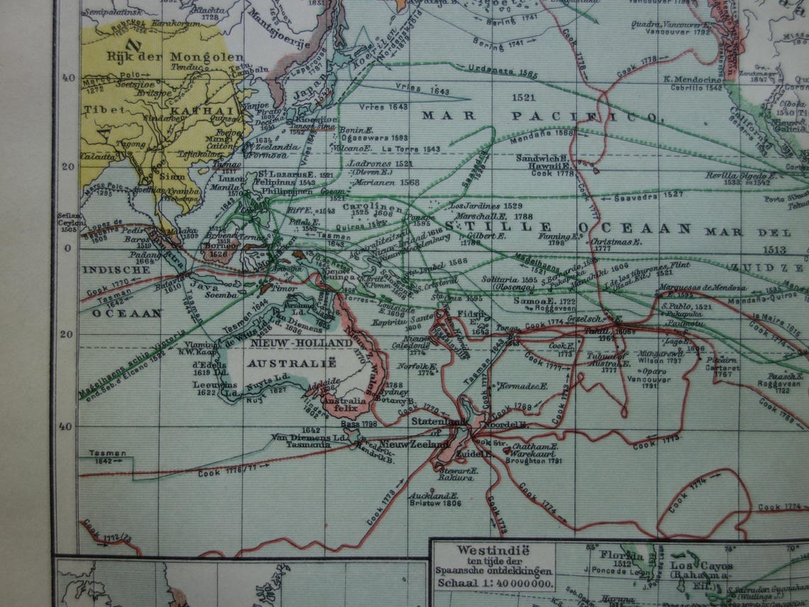 WORLD MAP old map of the world with routes of explorers 1914 original antique Dutch map about voyages of discovery