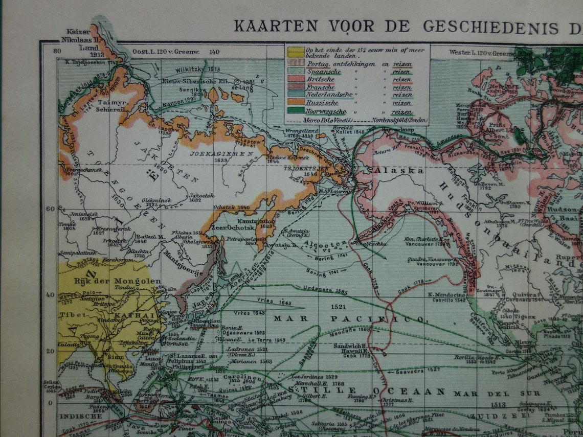 WORLD MAP old map of the world with routes of explorers 1914 original antique Dutch map about voyages of discovery
