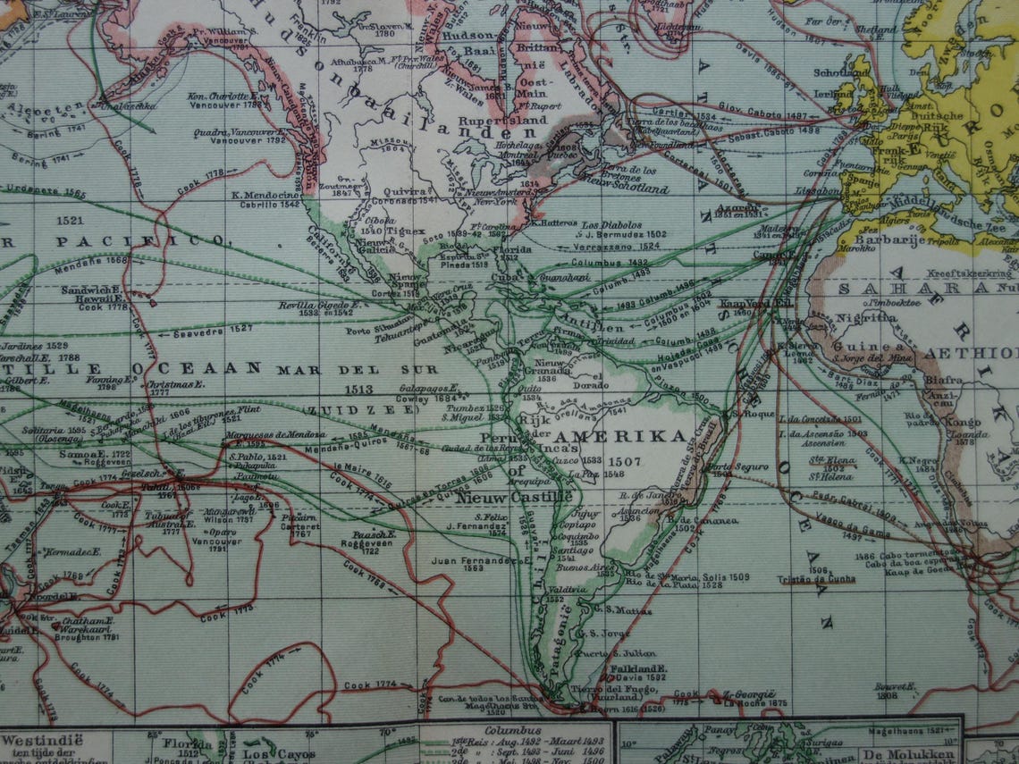 WORLD MAP old map of the world with routes of explorers 1914 original antique Dutch map about voyages of discovery