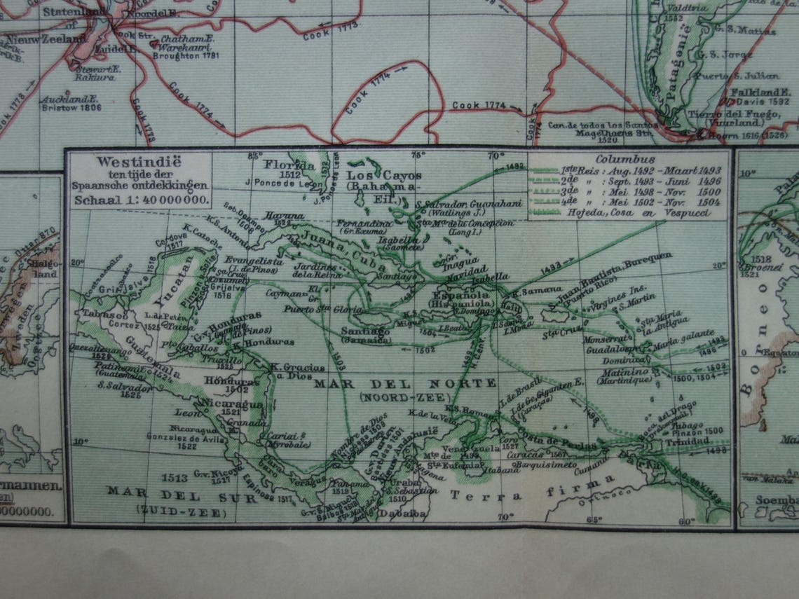 WORLD MAP old map of the world with routes of explorers 1914 original antique Dutch map about voyages of discovery