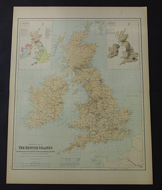 Grote vintage landkaart van GROOT BRITTANIË en IERLAND 150+ jaar oude antieke Engelse kaart Verenigd Koninkrijk