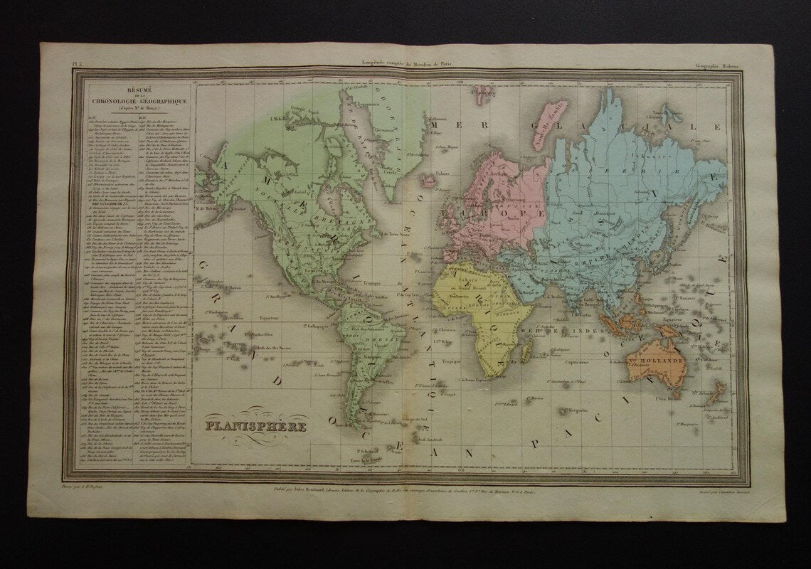 Vintage Wereldkaart uit 1838 originele antieke Franse kaart van de wereld - oude landkaarten