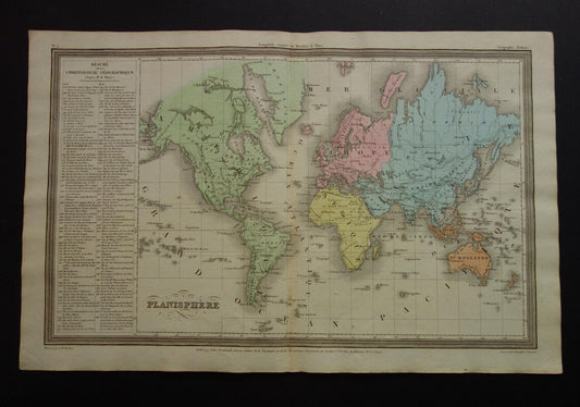Vintage Wereldkaart uit 1838 originele antieke Franse kaart van de wereld - oude landkaarten