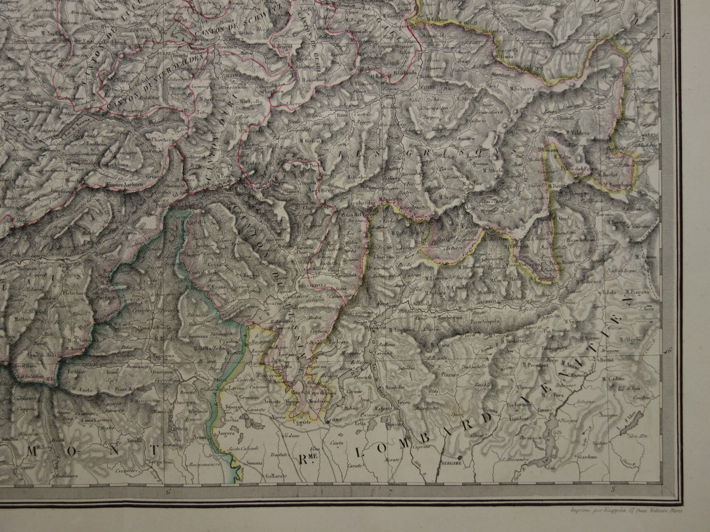 ZWITSERLAND Grote oude landkaart uit 1851 originele antieke Franse kaart met jaartal